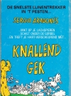 Image of Back cover of the Dutch MAD paperback "Sergio Aragonés: Knallend Gek," showcasing a chaotic scene of small figures and humorous descriptions of Aragonés's fast-paced humor.