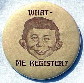 Button 'What, Me Register' • USA