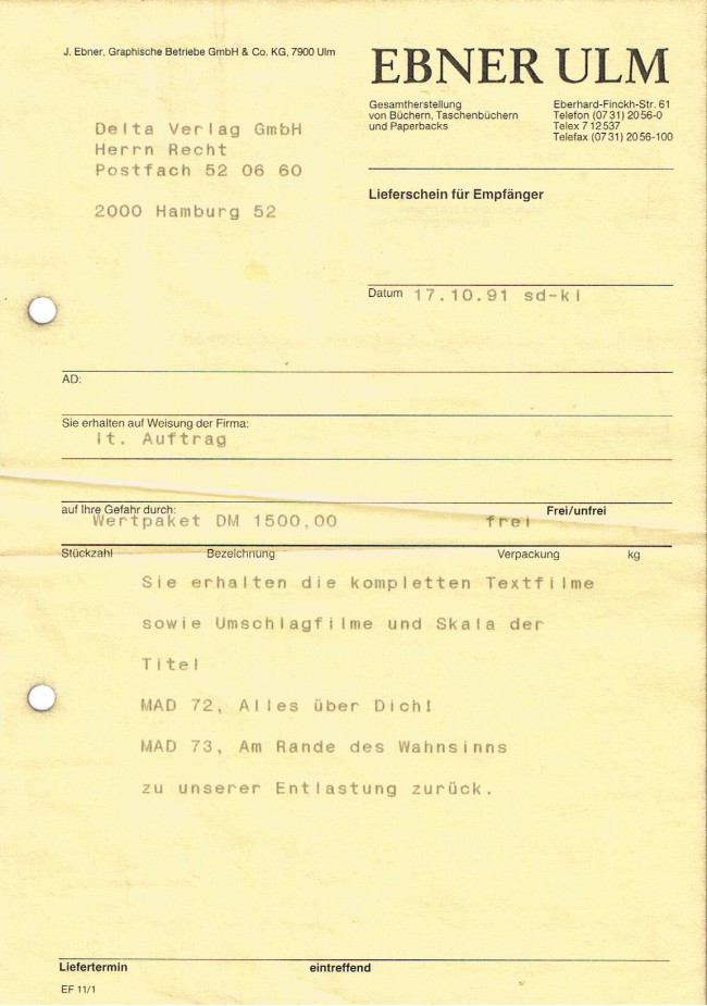 Delivery note of draft material for German paperback No.72 & 73 • Germany