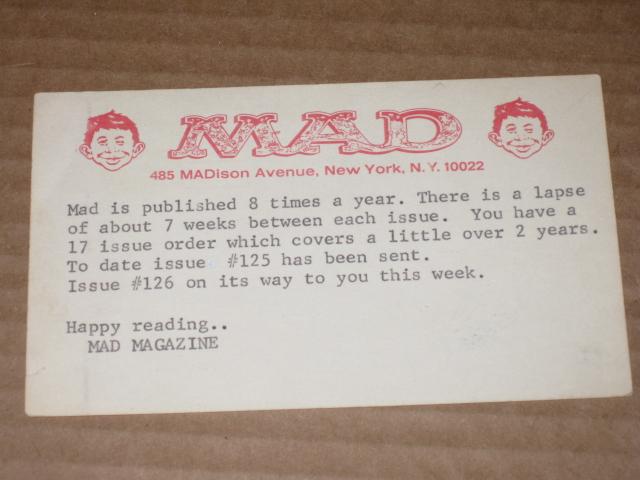 Subscription Renewal Notice Card 1960's MAD Magazine • USA