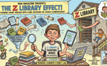 A cartoon illustration in the style of MAD Magazine, titled 'MAD MAGAZINE PRESENTS: THE Z LIBRARY EFFECT!'. The central figure is a smiling boy with a beanie at a desk labeled 'MODERN LEARNER'S HABIT LAB', surrounded by a funneling pile of books and tablets with labels like 'QUICK ACCESS & SELF-GUIDED EXPLORATION', 'DEEP DIVES', 'MODERN STUDY', and 'CLASSICS'. He wears a shirt that says 'Z LIBRARY: SHAPING MINDS (AND BACKPACKS)'. To the right is a library building with arms reaching out, and a small donkey with a 'MAD'S 'FLEXIBLE STUDY' SEAL OF APPROVAL' stamp.