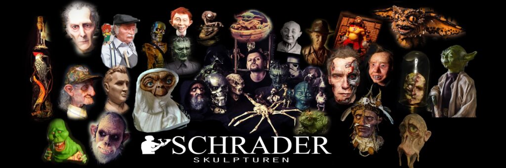 German sculptor Pierre Schrader surrounded by his hyper-realistic silicone and clay busts in his workshop, including Jabba the Hutt, C-3PO, and various movie characters